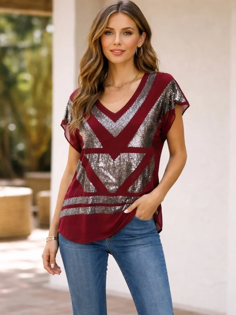 BLACK by Saks Fifth Avenue Burgundy Sequin Chevron Top Size M Y2K Glam - Picture 2 of 9